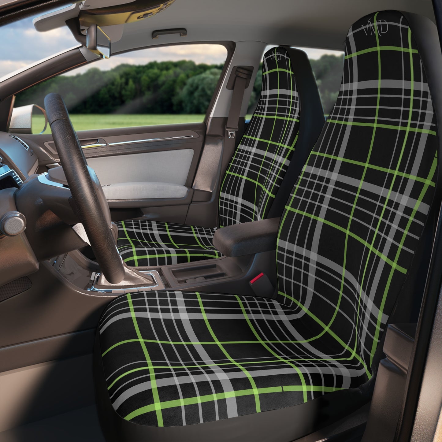 Polyester Car Seat Covers/Black and Green Plaid