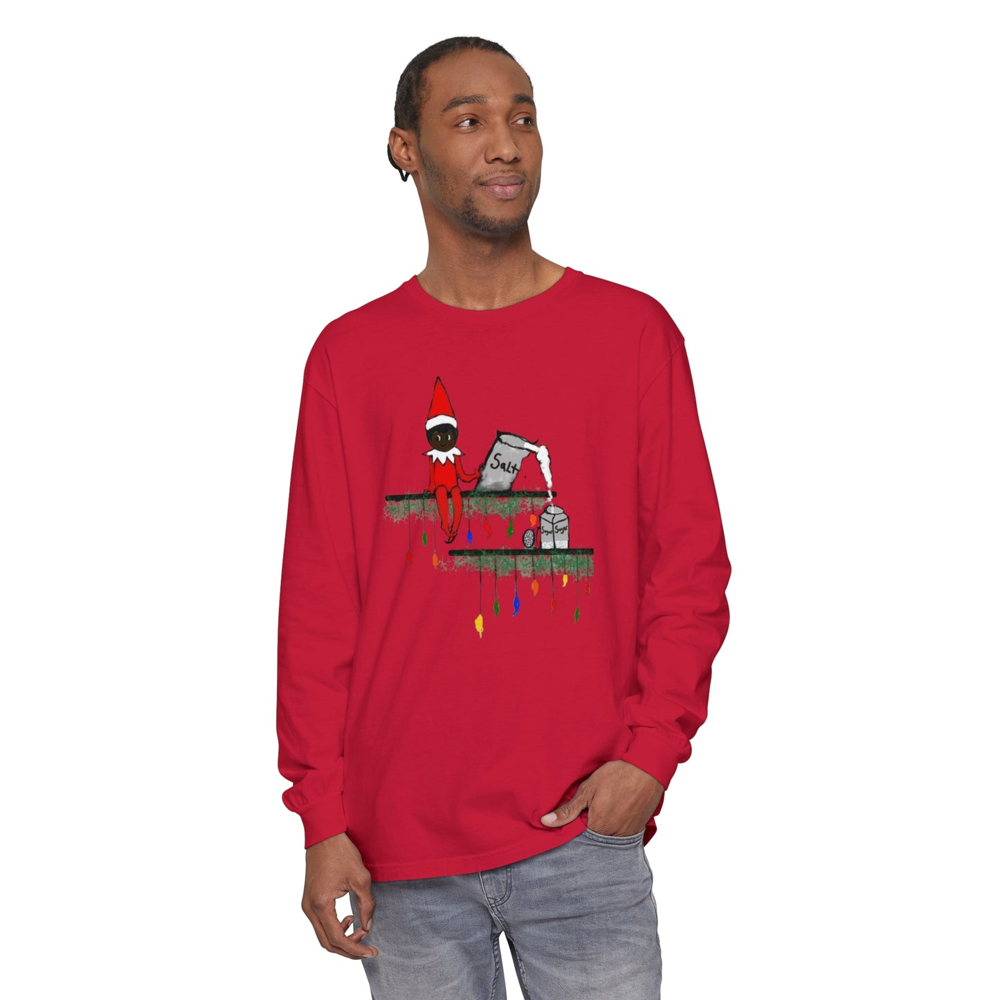 Men's Garment-dyed Long Sleeve T-Shirt/Holiday Funny/African American elf on the shelf/ Salt in the Sugar