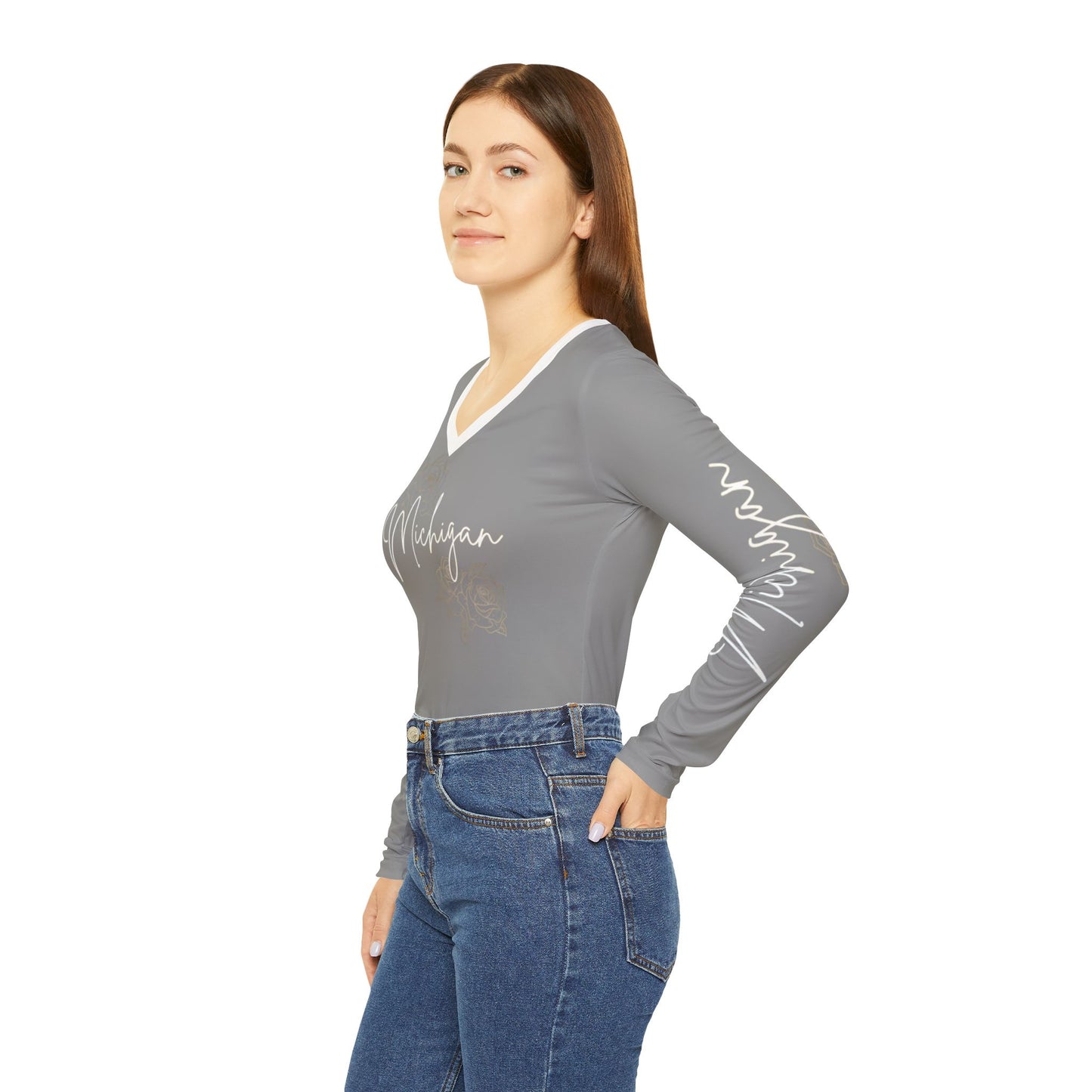 Women's Long Sleeve V-neck Shirt (AOP)/ Michigan/ Gray/white