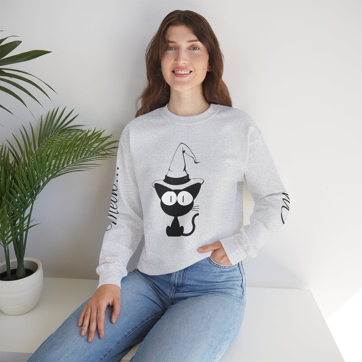 Womans Heavy Blend™ Crewneck Sweatshirt/Cat in a Hat/Holiday/Text down the Arm