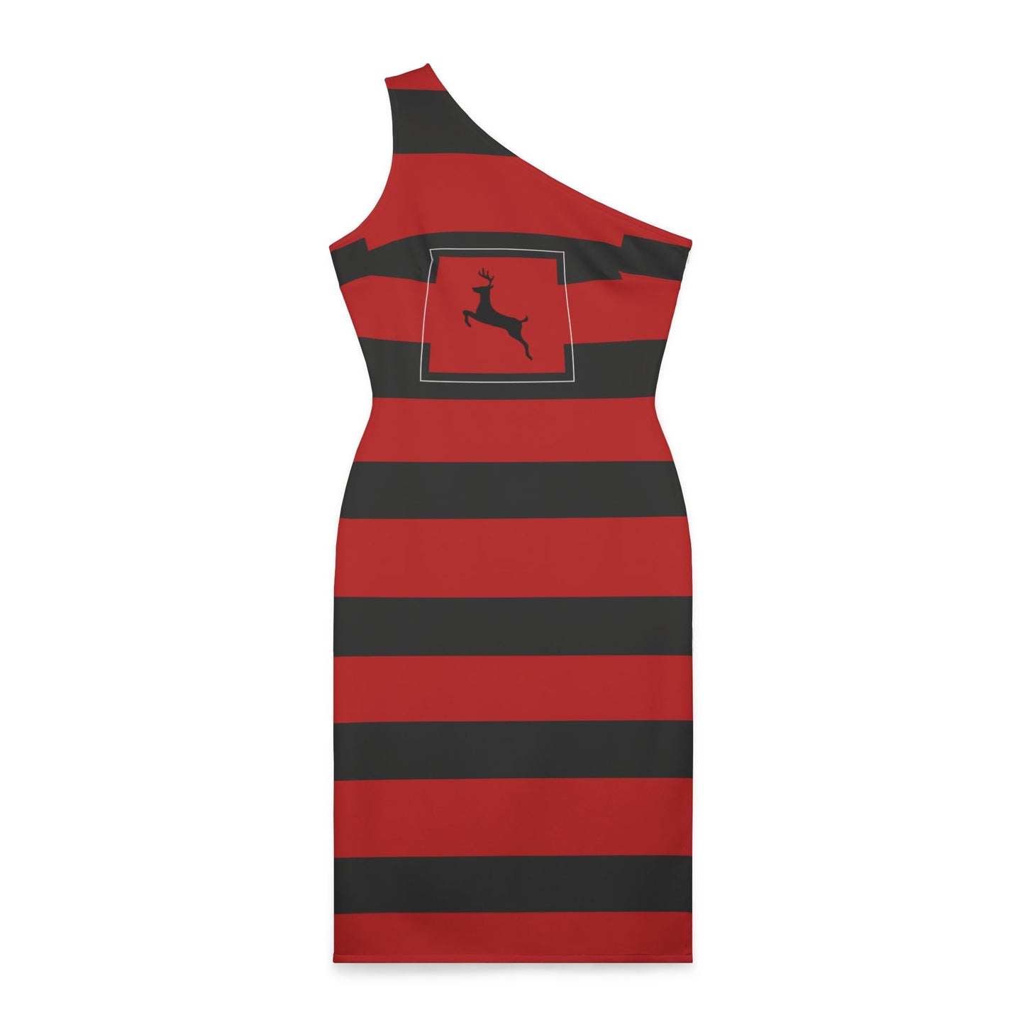 Women's Holiday Shoulder Dress (AOP)/ Reindeer Black/Red Striped