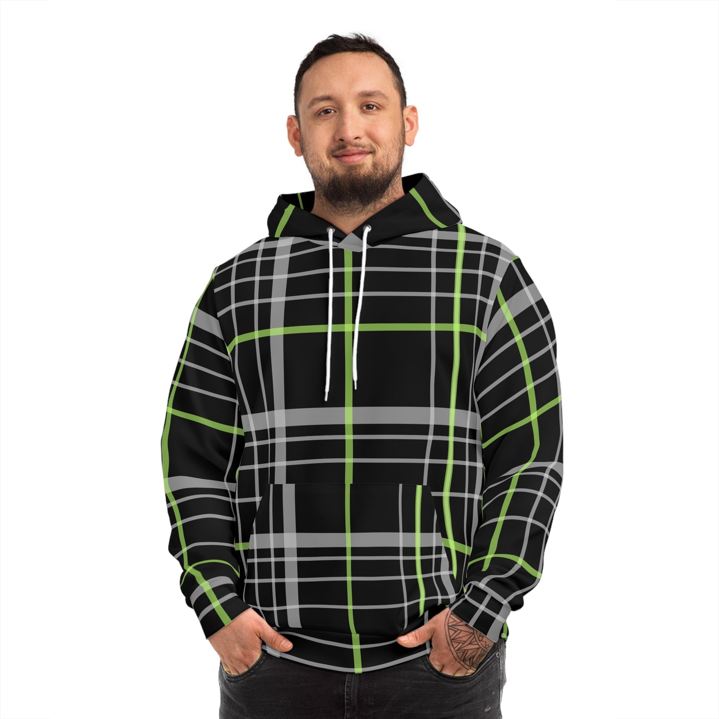 unisex Hoodie (AOP)/Black and Green plaid