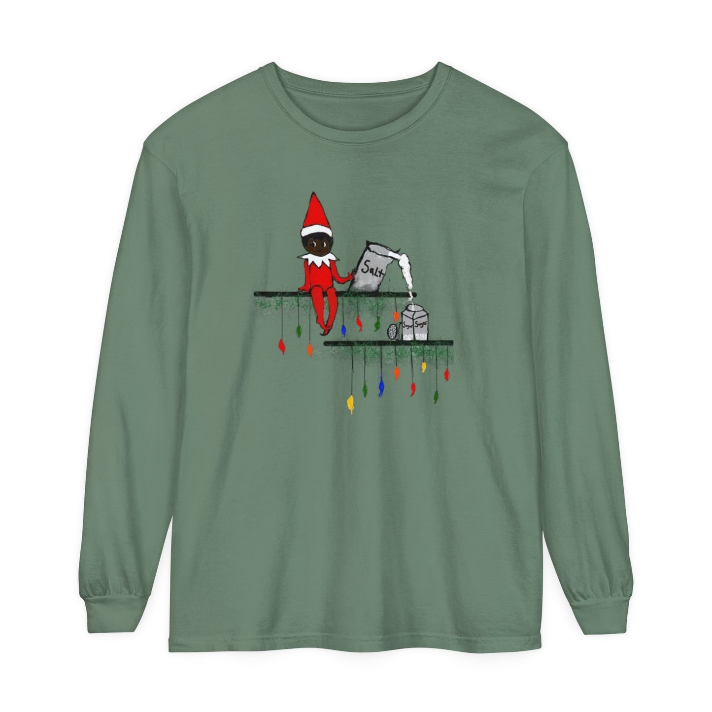 Men's Garment-dyed Long Sleeve T-Shirt/Holiday Funny/African American elf on the shelf/ Salt in the Sugar