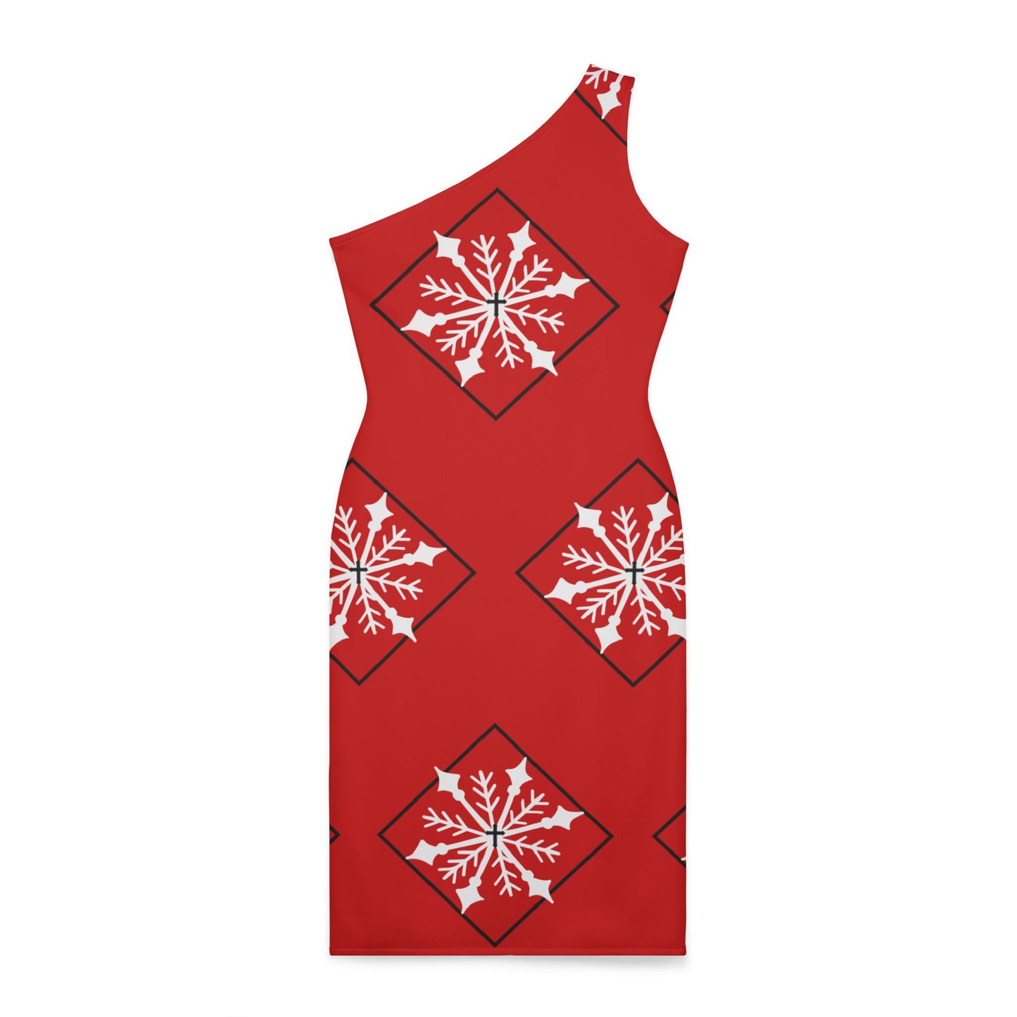 Women's holiday Shoulder Dress (AOP)/ White snowflake/Diamond/Red BG