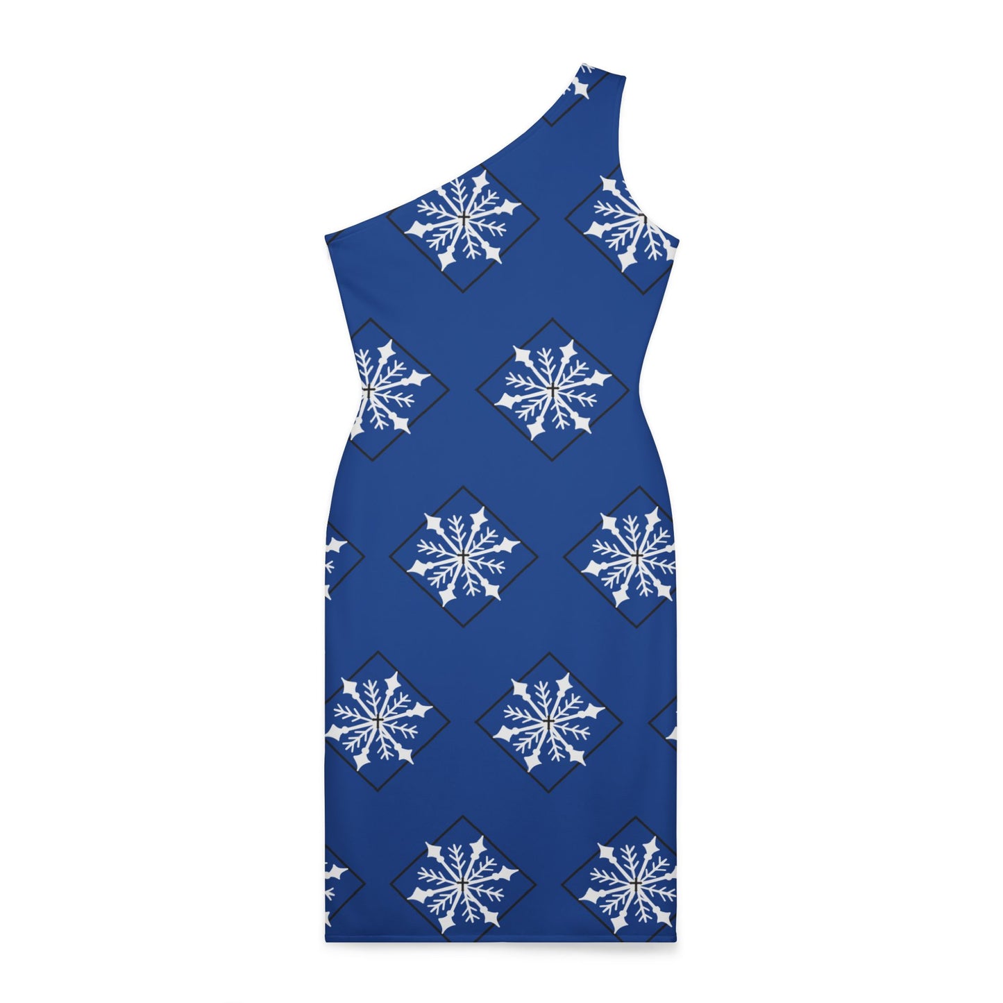 Women's Holiday Shoulder Dress (AOP)/ White Snowflake/Diamond/Blue BG