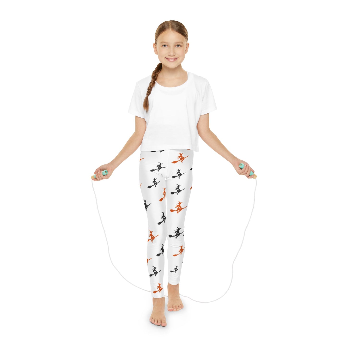 Youth Full-Length Leggings (AOP)/Witches on a Broom/Orange/Black