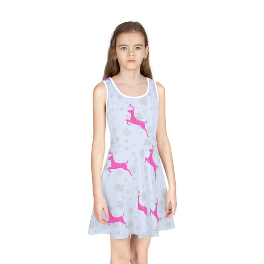 Girls' Sleeveless Sundress (AOP)/ Holiday/Snowflakes/ Pink Reindeer