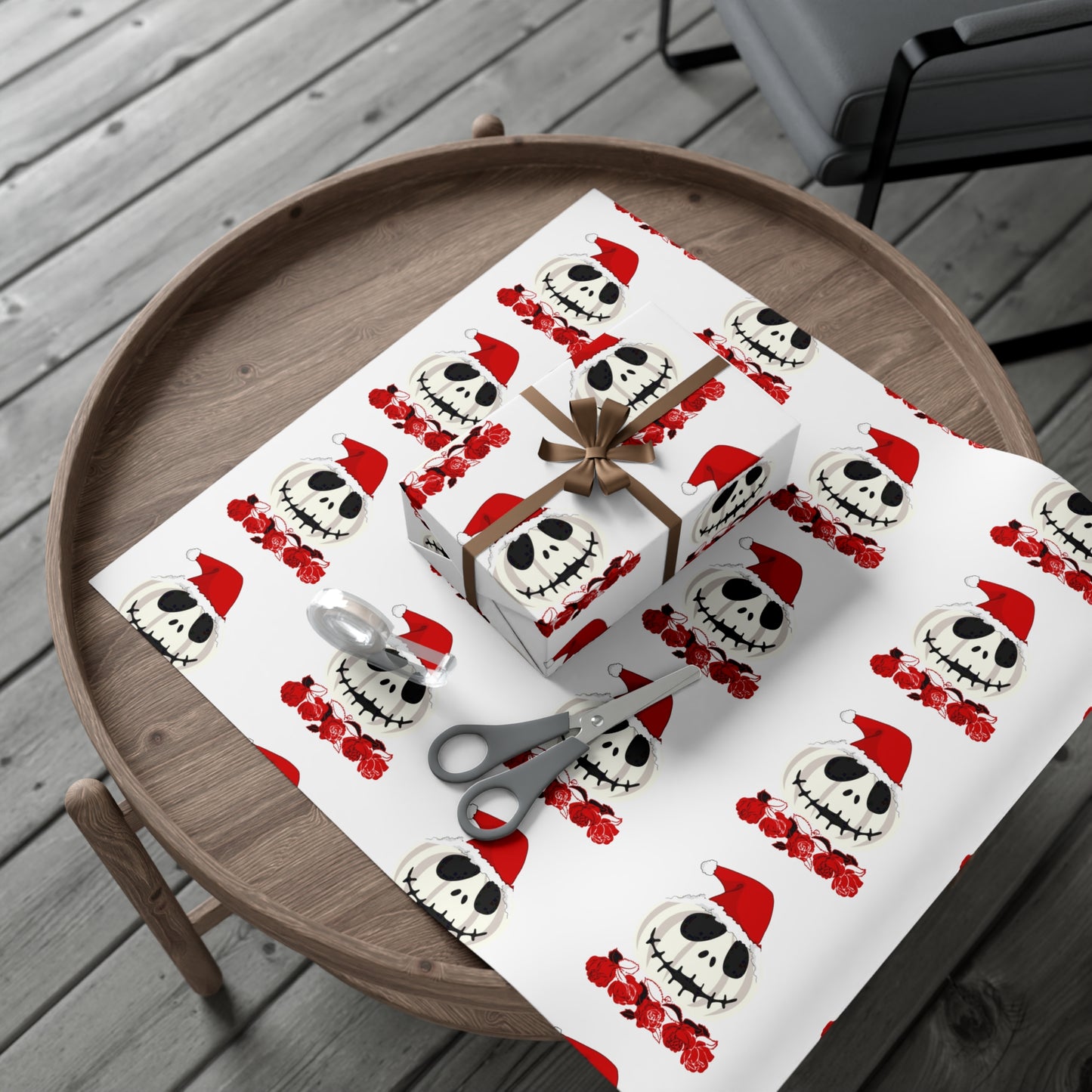 Holiiday Gift Wrap Papers/White Jack O Lantern Red Santa Hat/Red Roses/Dark Gray