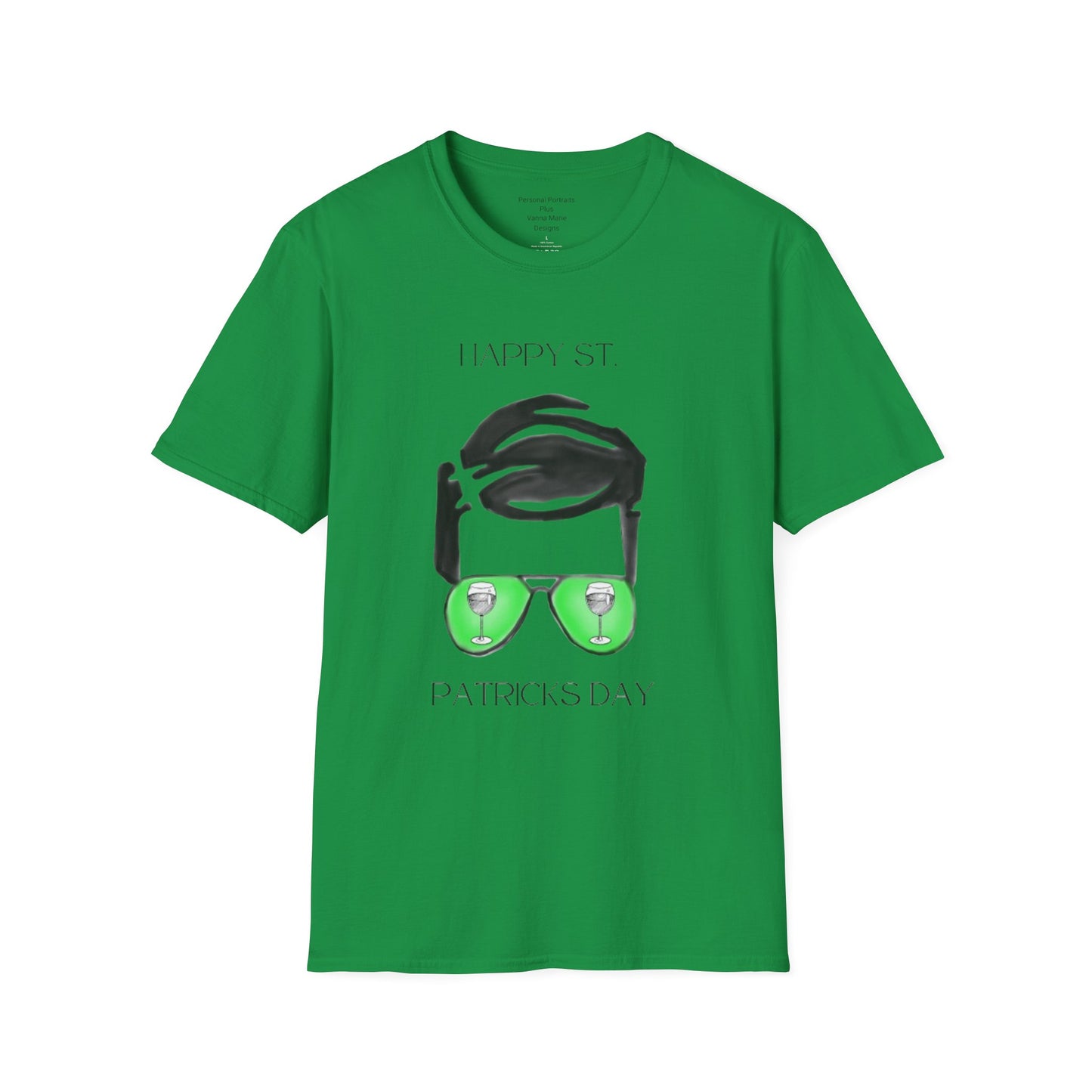 Unisex Softstyle T-Shirt/Happy St. Patrick's Day/ Man/ Brunette/ Green Glasses/Wine Glass