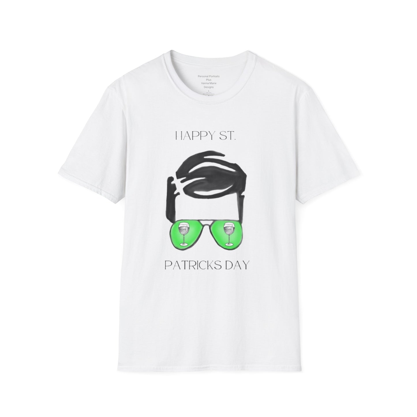 Unisex Softstyle T-Shirt/Happy St. Patrick's Day/ Man/ Brunette/ Green Glasses/Wine Glass