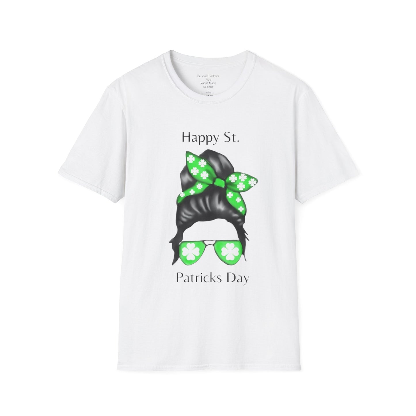 Unisex Softstyle T-Shirt/Happy St. Patrick's Day/ Woman/ Brunette/ Green Glasses/ White Clovers