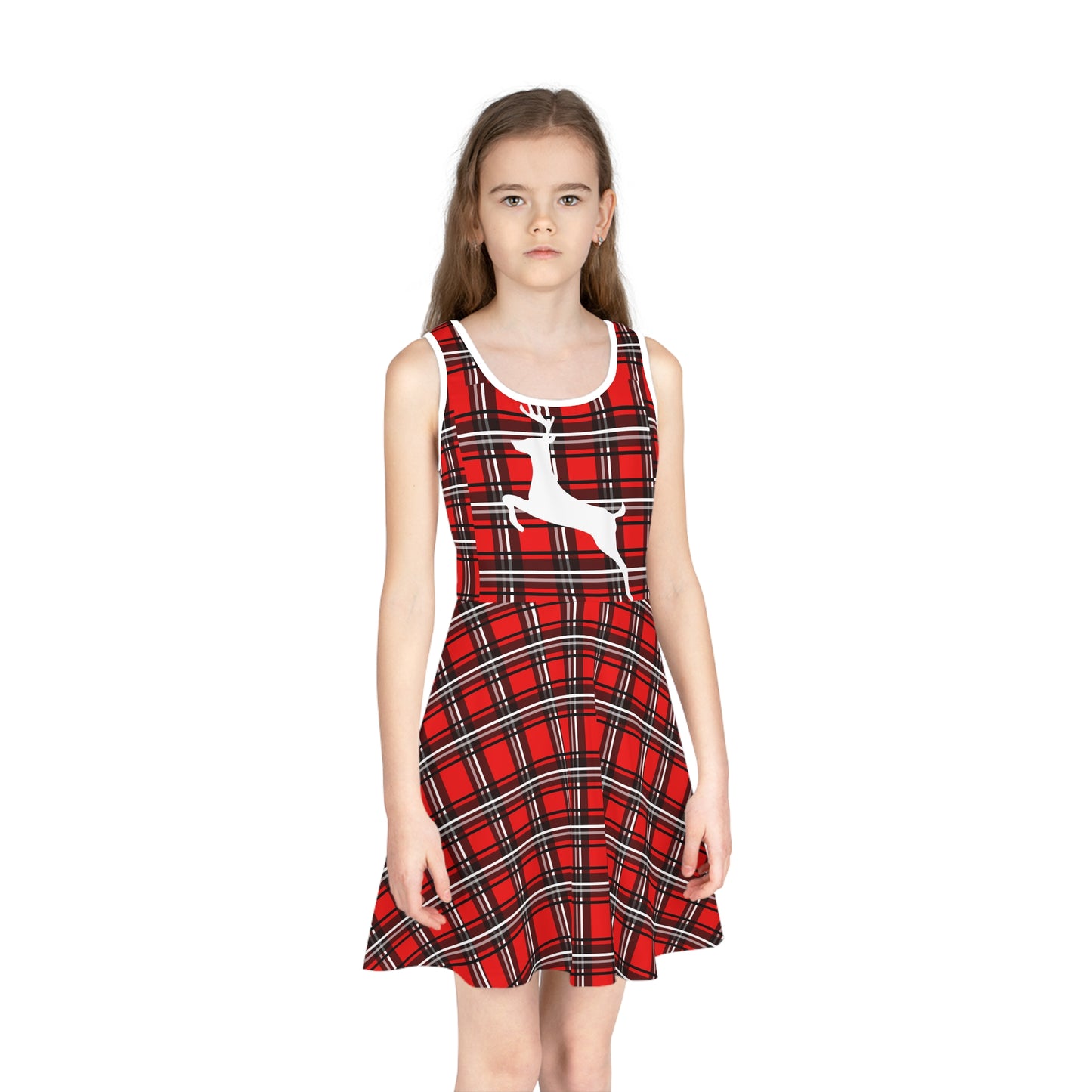 Girls' Sleeveless Sundress (AOP)/ White Reindeer/Red/Black/Plaid/Holiday