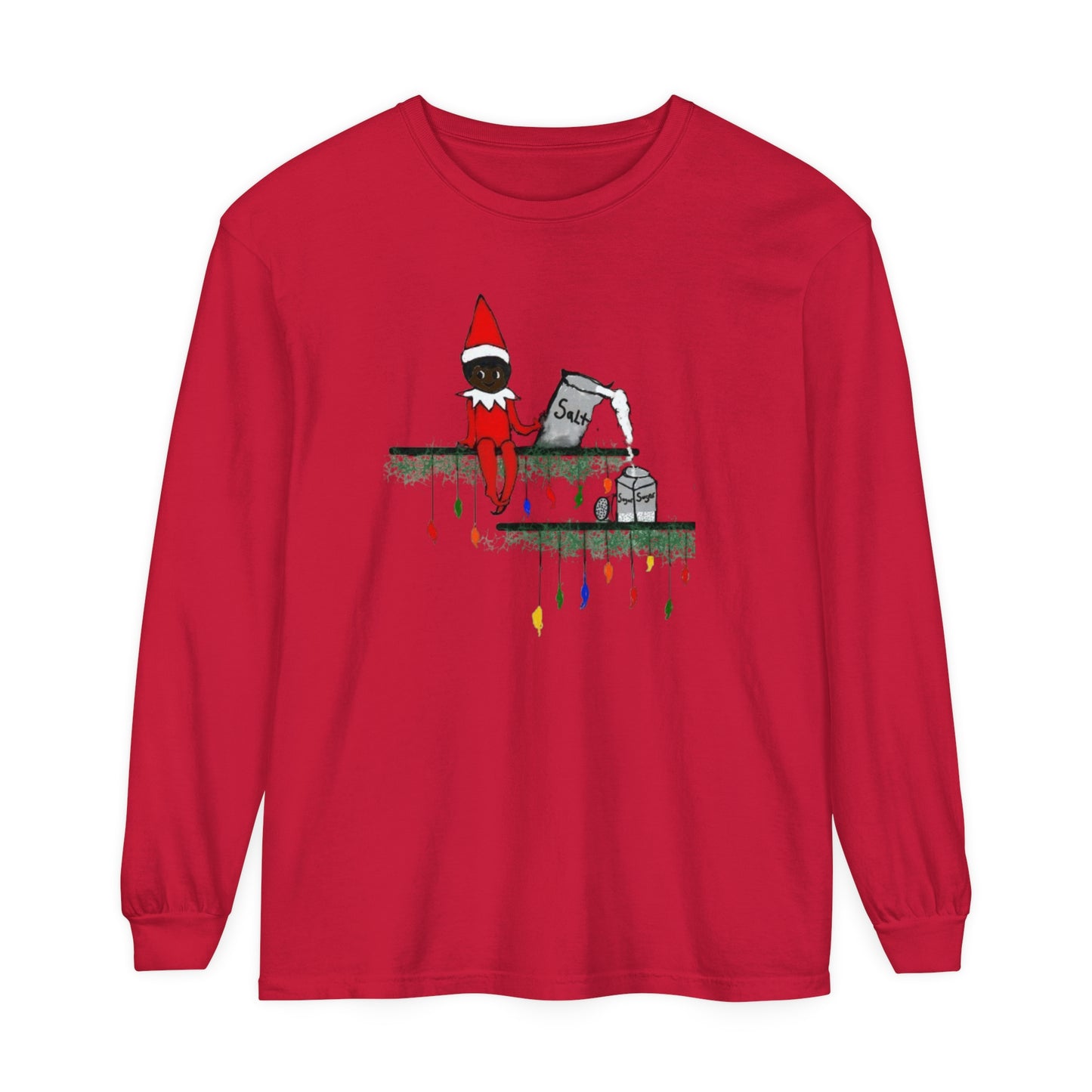 Men's Garment-dyed Long Sleeve T-Shirt/Holiday Funny/African American elf on the shelf/ Salt in the Sugar