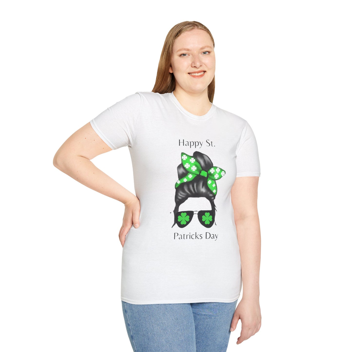 Unisex Softstyle T-Shirt/Happy St. Patricks' Day/ Woman/ Brunette/ Black Glasses/Green Clovers