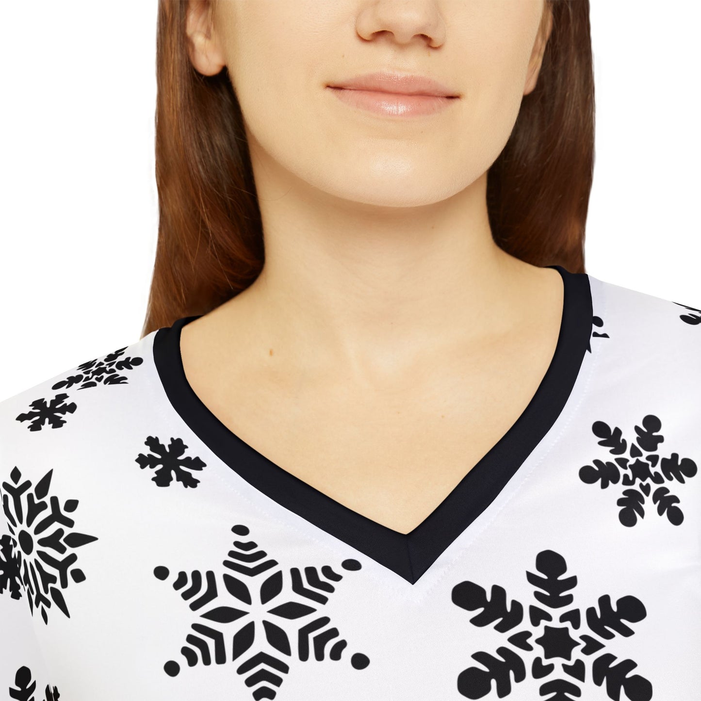 Women's Long Sleeve V-neck Shirt (AOP)/White/Black Snowflakes/Holiday