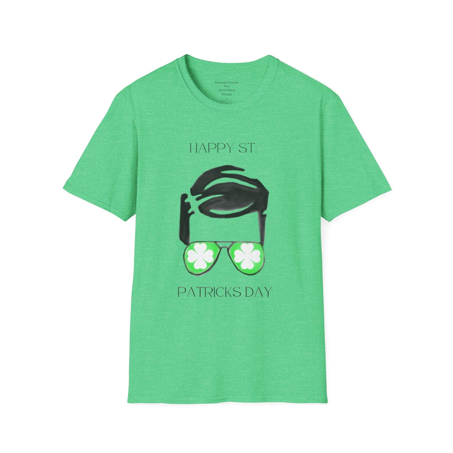 Unisex Softstyle T-Shirt/Happy St. Patrick's Day/ Man/ Brunette/ Green Glasses/White Clovers