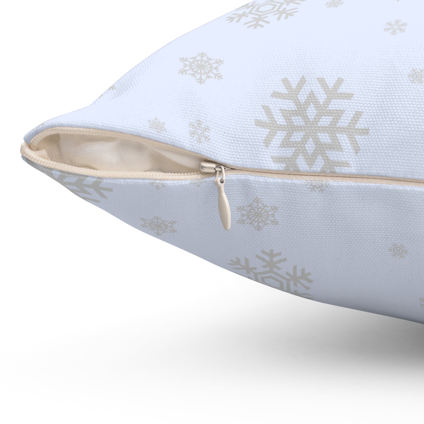 Spun Polyester Square Pillow/Gingerbread man in the sleigh/Front/Snowman in sleigh/ Back/ Baby Blue/ White Snowflakes