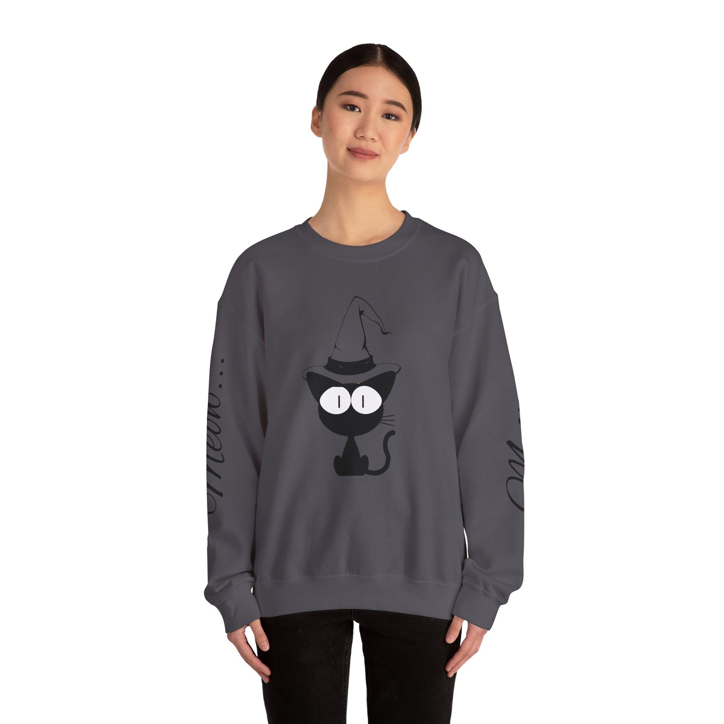 Womans Heavy Blend™ Crewneck Sweatshirt/Cat in a Hat/Holiday/Text down the Arm