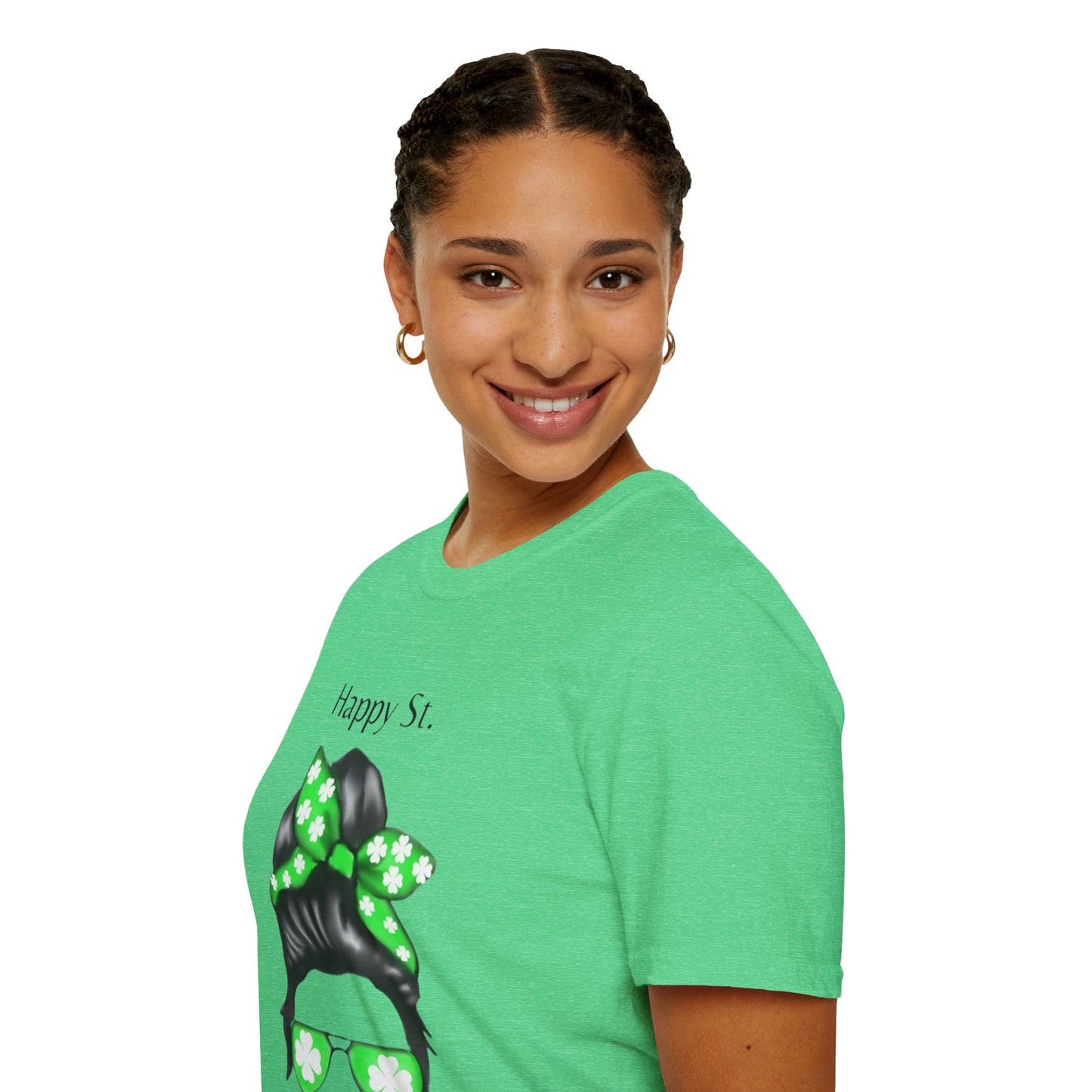 Unisex Softstyle T-Shirt/Happy St. Patrick's Day/ Woman/ Brunette/ Green Glasses/ White Clovers