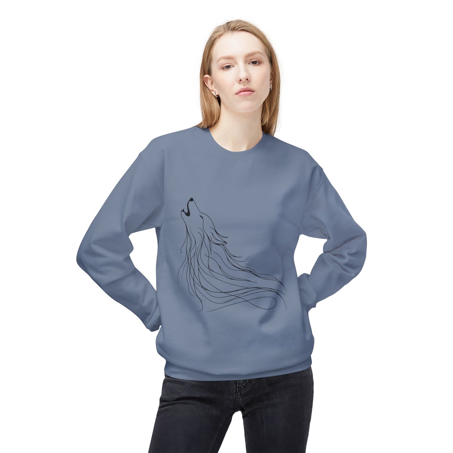 Unisex Midweight Softstyle Fleece Crewneck Sweatshirt/ Howling Wolf/ Line Art