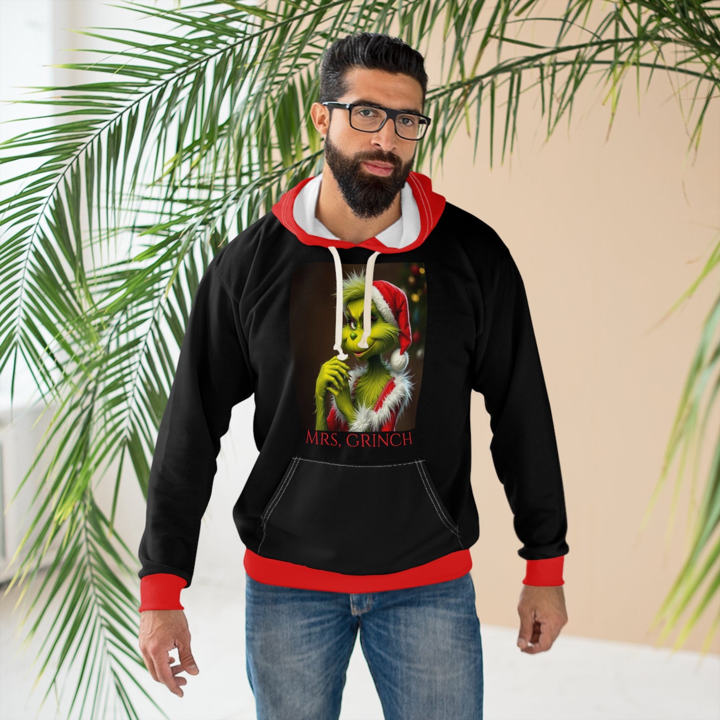 Unisex Pullover Hoodie (AOP)/Mrs. Grinch/Black