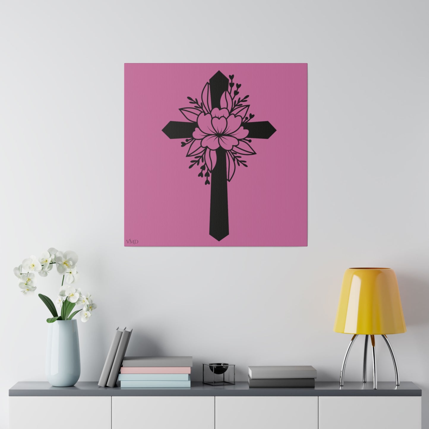 Digital Portrait Print, 0.75"/Floral Cross/Pink BG