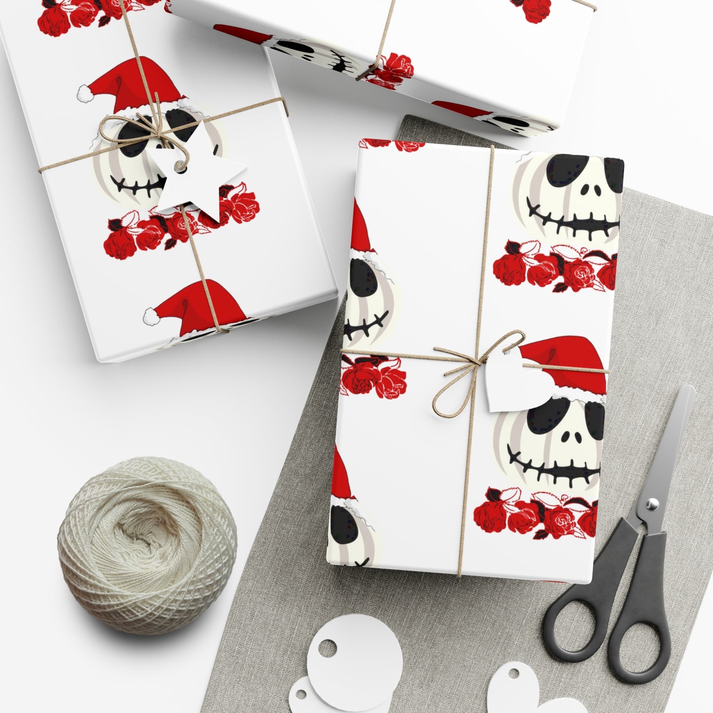 Holiiday Gift Wrap Papers/White Jack O Lantern Red Santa Hat/Red Roses/Dark Gray