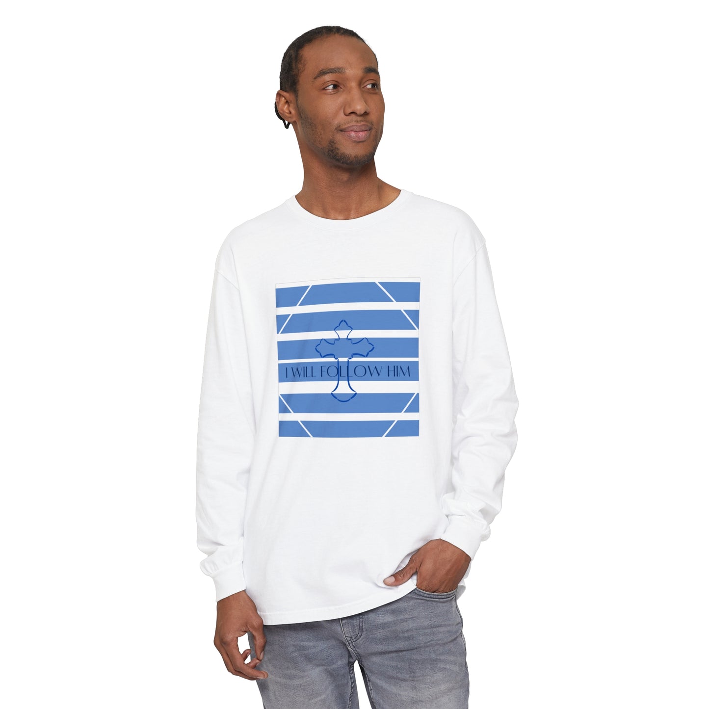 Men's Garment-dyed Long Sleeve T-Shirt/ I will follow him/Blue Transparent Striped