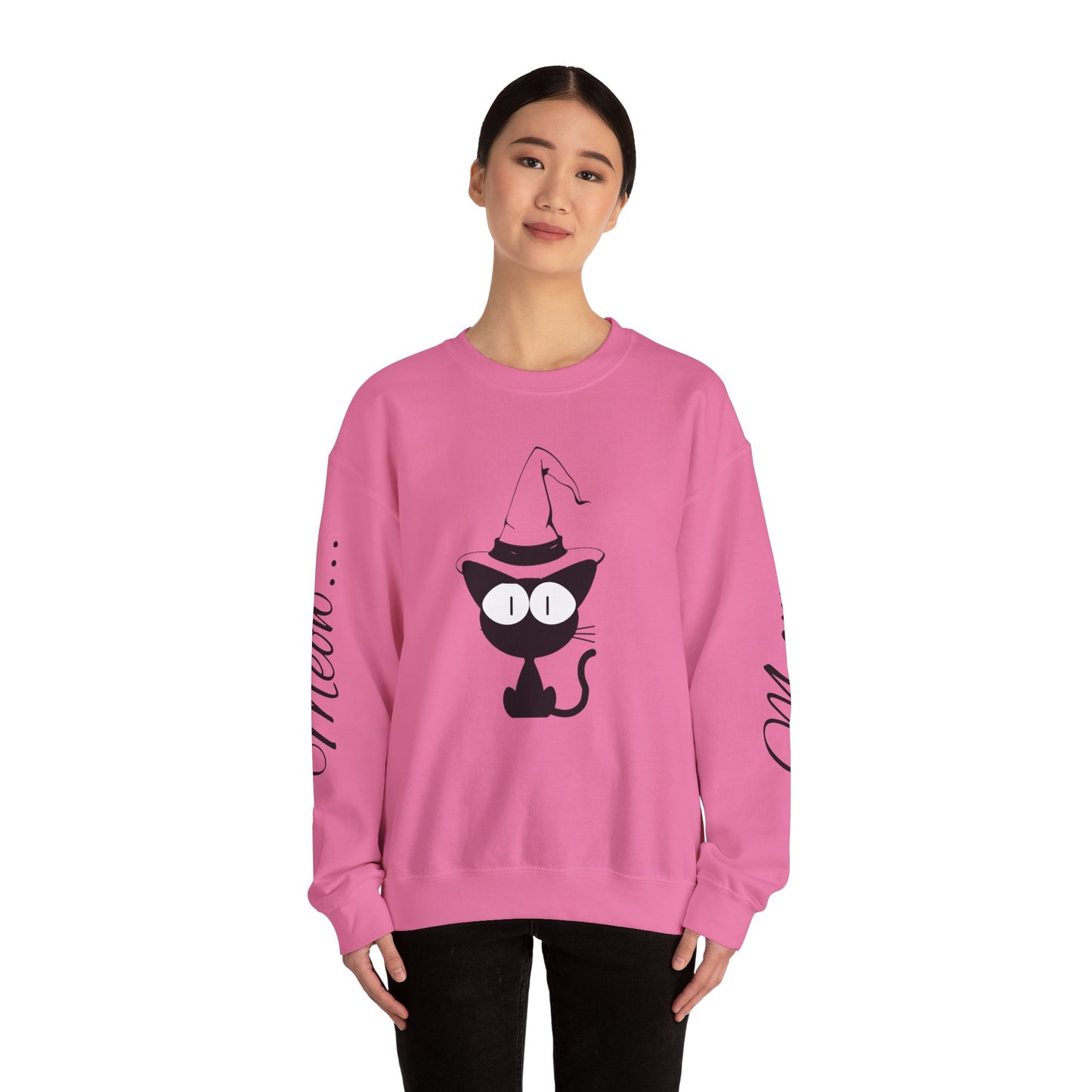 Womans Heavy Blend™ Crewneck Sweatshirt/Cat in a Hat/Holiday/Text down the Arm