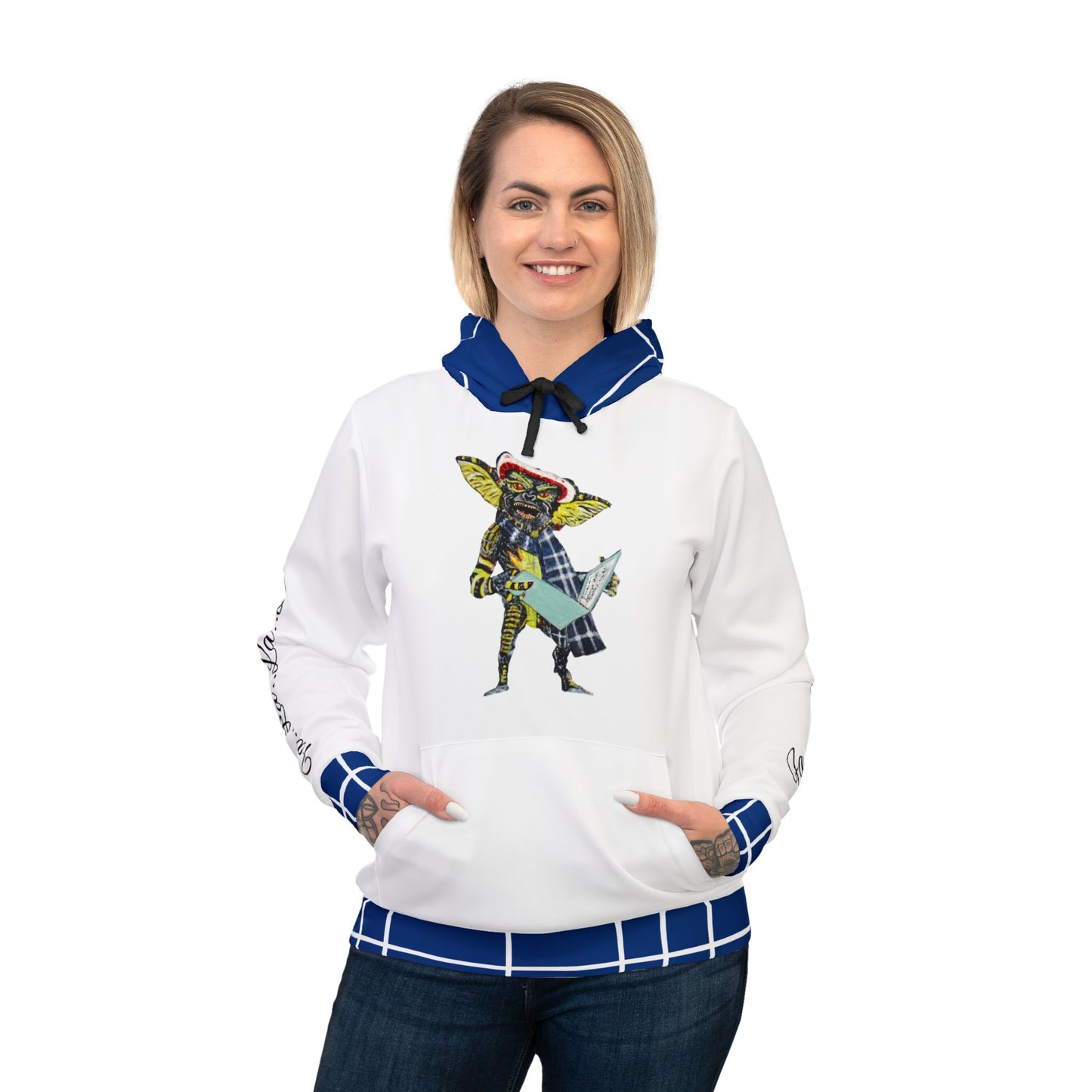 Unisex Athletic Hoodie (AOP)/Caroling Gremlin/Blue /White Plaid