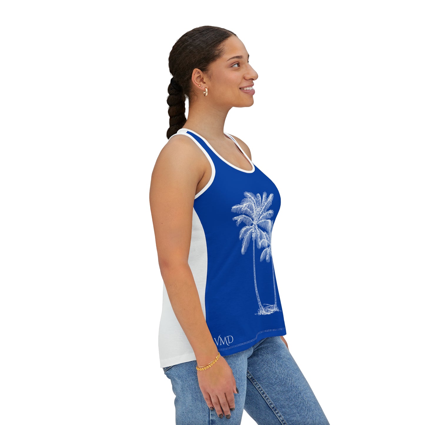 Women's Tank Top/Colored Lining/Black/White (AOP)Palm Tree/Blue/White