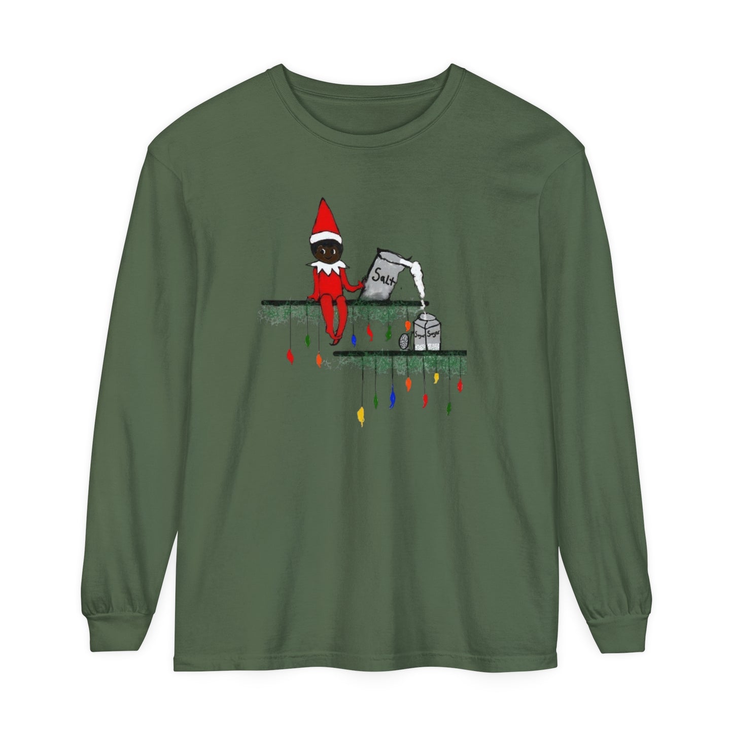 Men's Garment-dyed Long Sleeve T-Shirt/Holiday Funny/African American elf on the shelf/ Salt in the Sugar