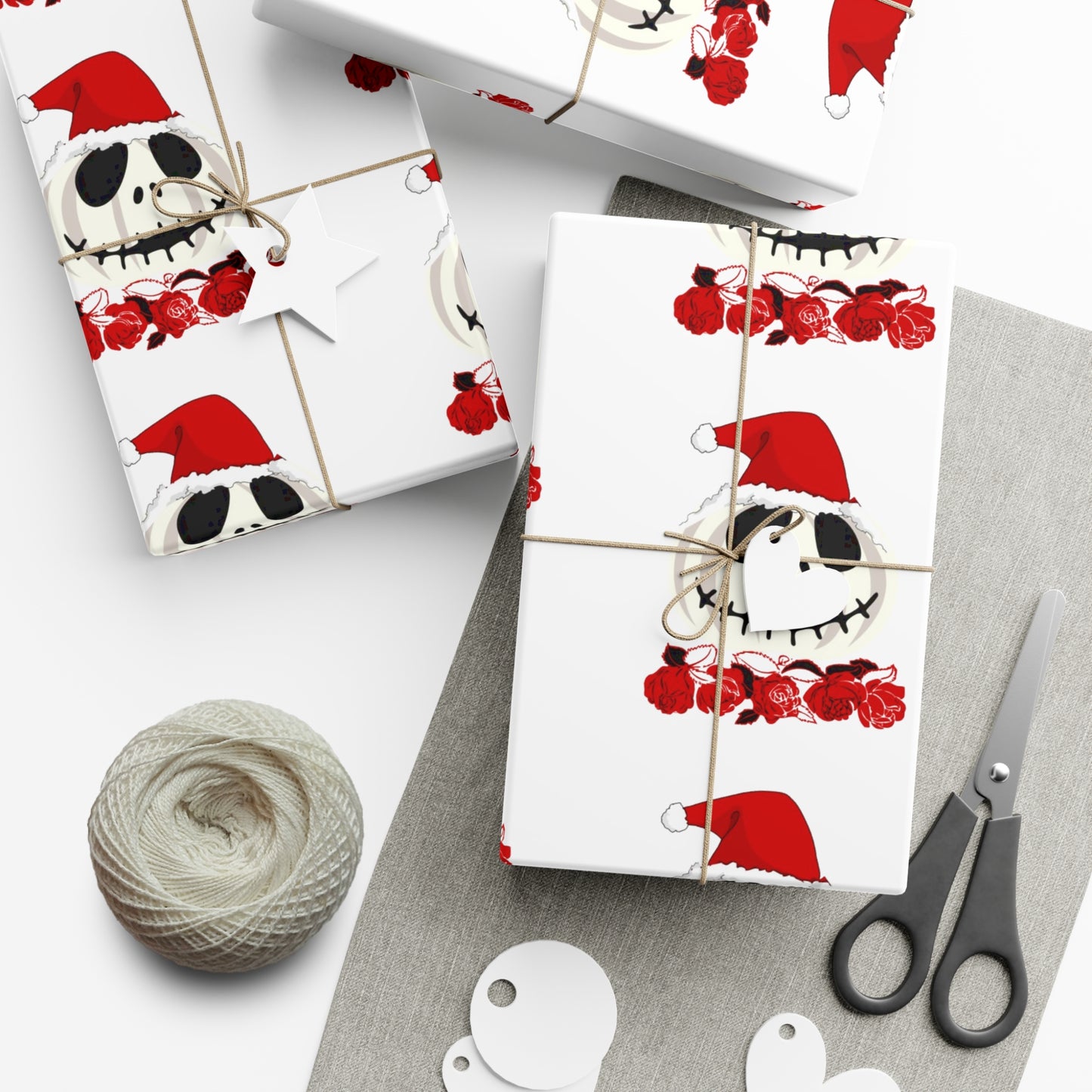 Holiiday Gift Wrap Papers/White Jack O Lantern Red Santa Hat/Red Roses/Dark Gray