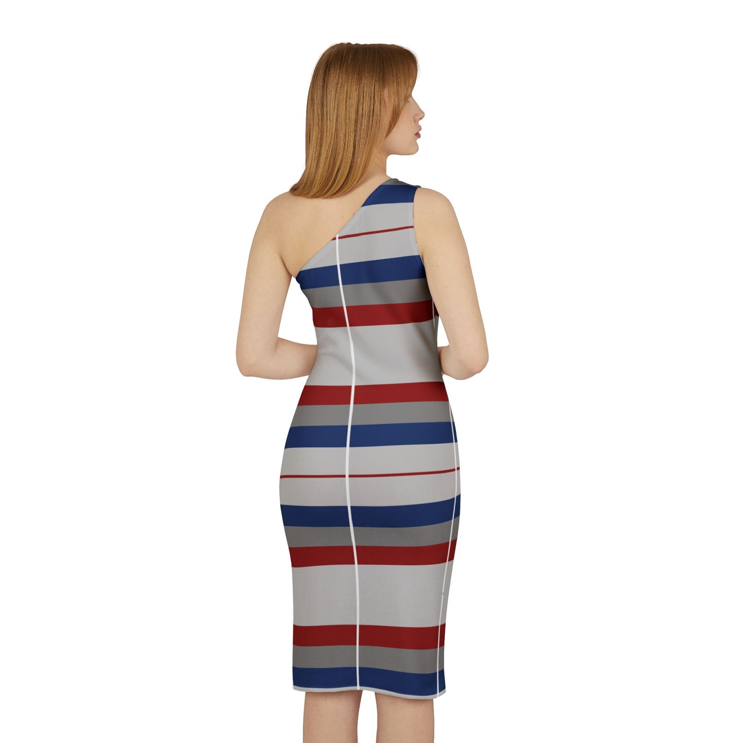 Woman's Shoulder Dress (AOP)/Blue/ Red /Gray Stripped/Pin Strip White