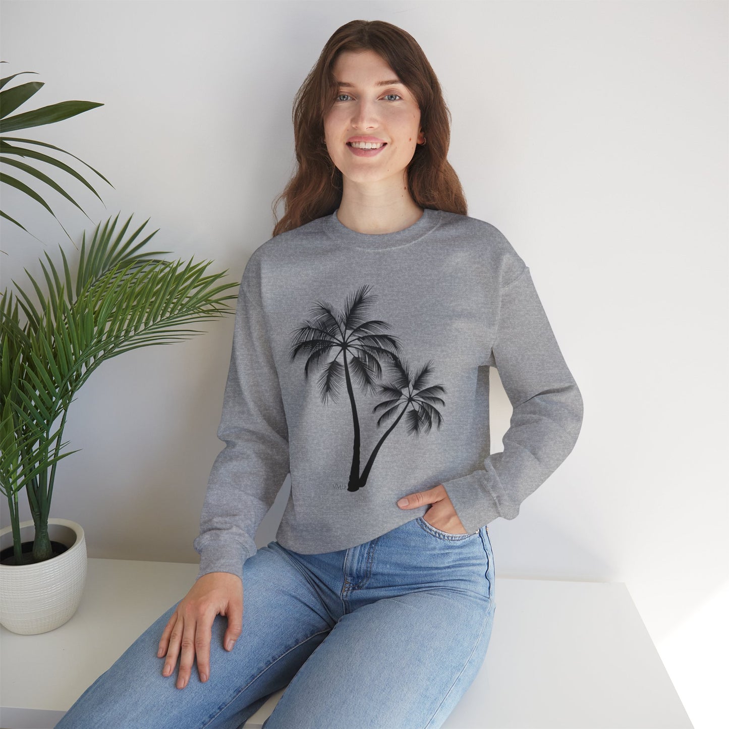 Womans Heavy Blend™ Crewneck Sweatshirt/2 Palm Trees/Black/White