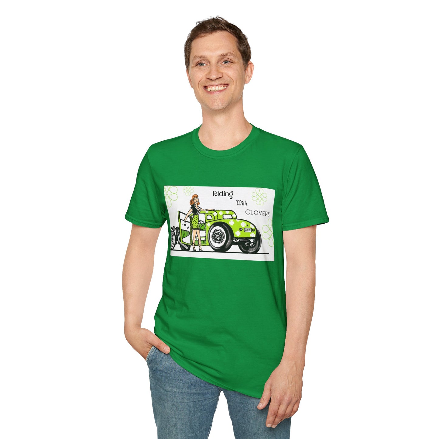 Unisex Softstyle T-Shirt Riding with clovers/ Redhead