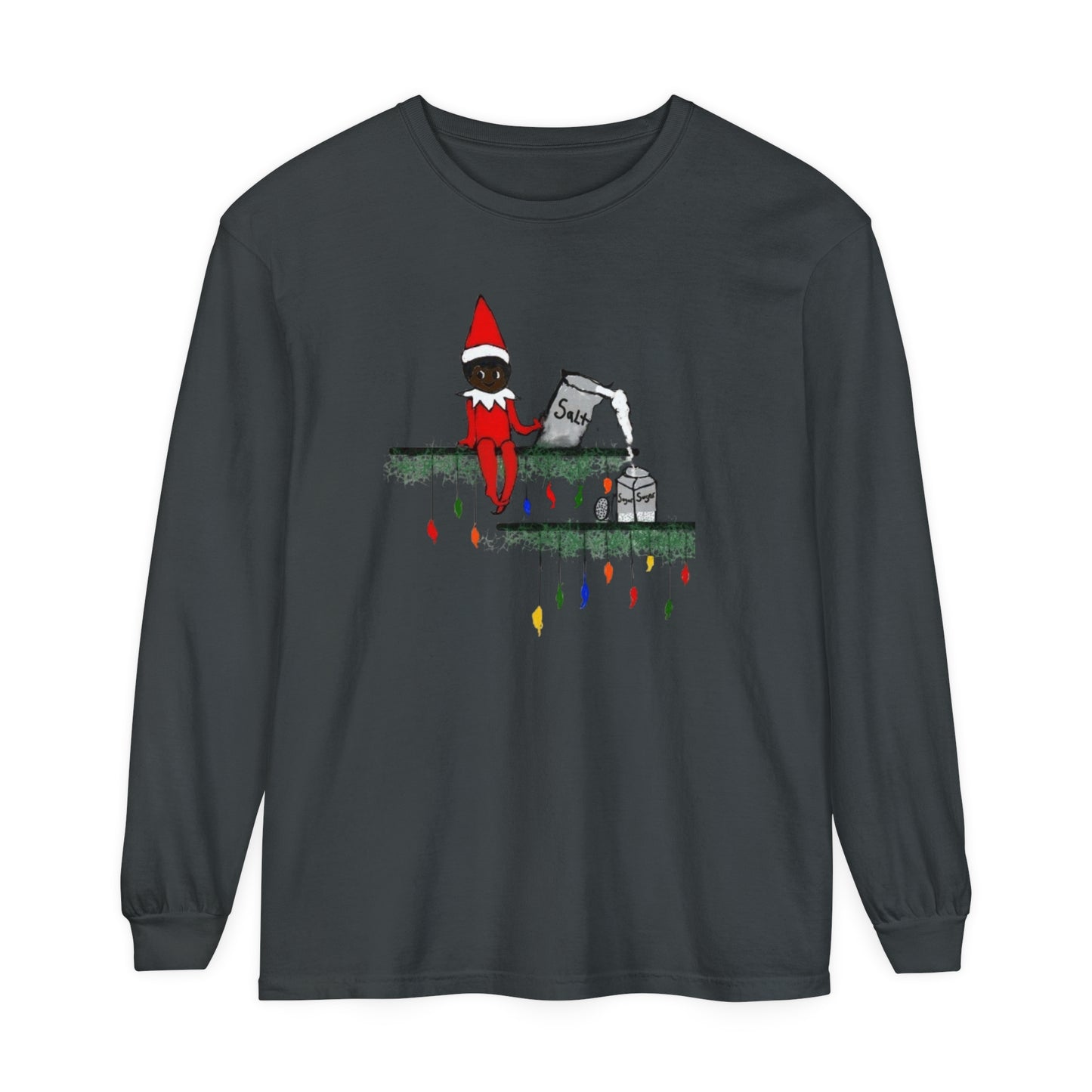 Men's Garment-dyed Long Sleeve T-Shirt/Holiday Funny/African American elf on the shelf/ Salt in the Sugar