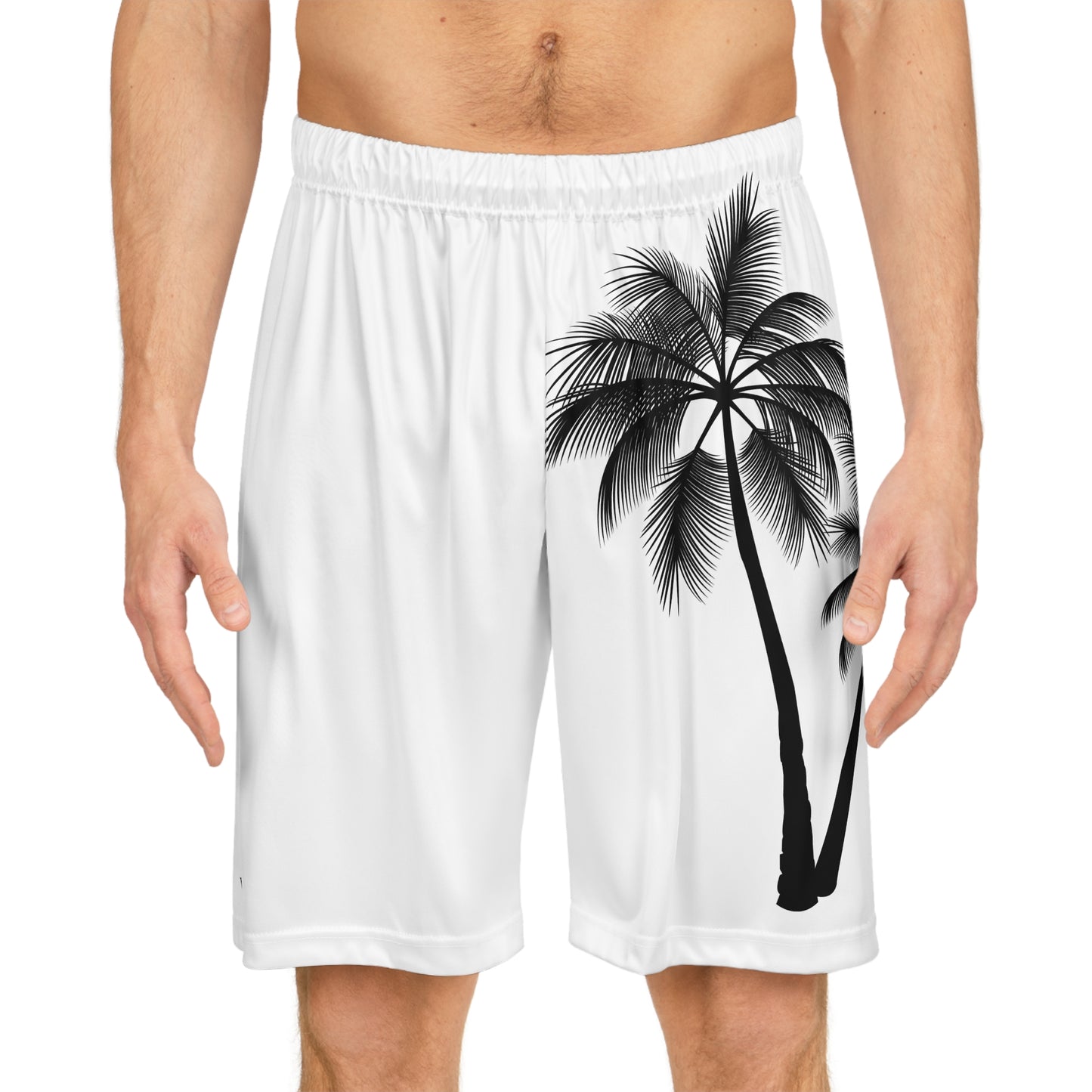 Basketball Shorts (AOP)/2 Palm Trees/Black/White