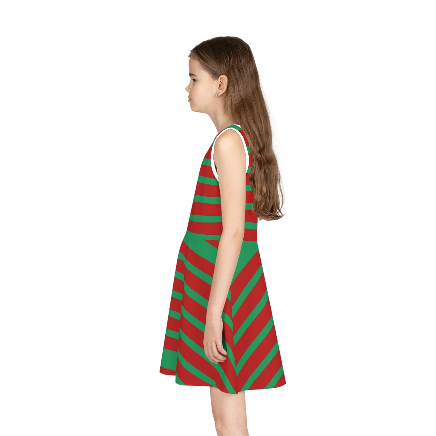 Girls' Sleeveless Holiday Dress (AOP)/Red/Green Striped/ Gingerbread man Riding a Reindeer