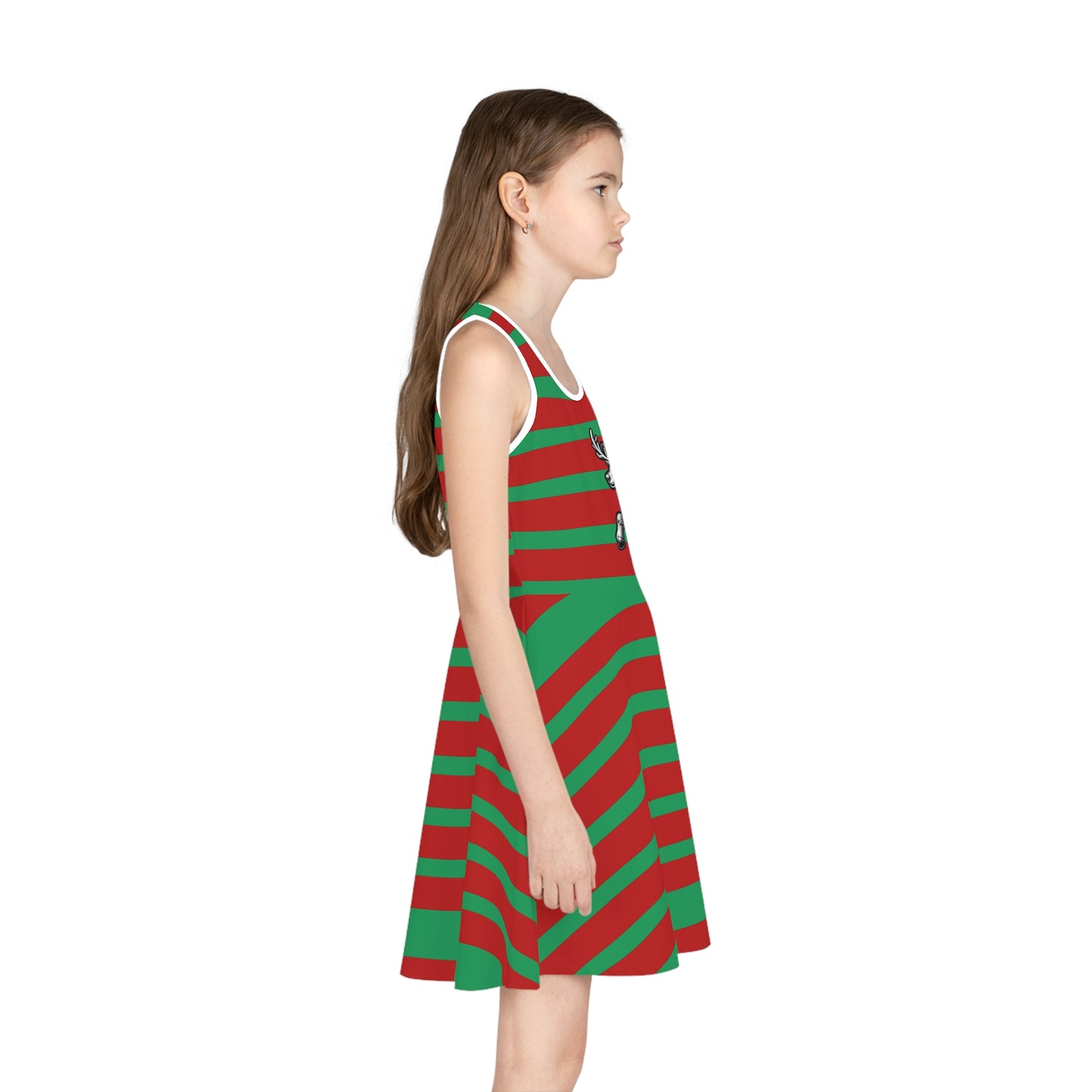 Girls' Sleeveless Holiday Dress (AOP)/Red/Green Striped/ Gingerbread man Riding a Reindeer