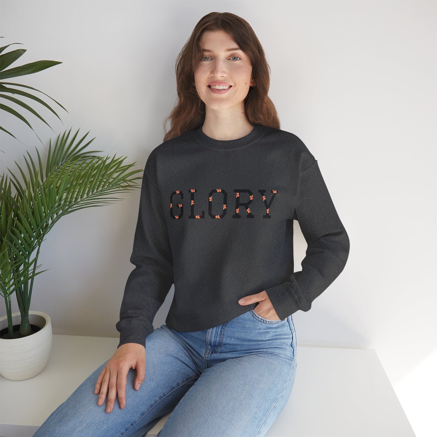 Womans/Heavy Blend™ Crewneck Sweatshirt/Glory/Black/Orange Daisies