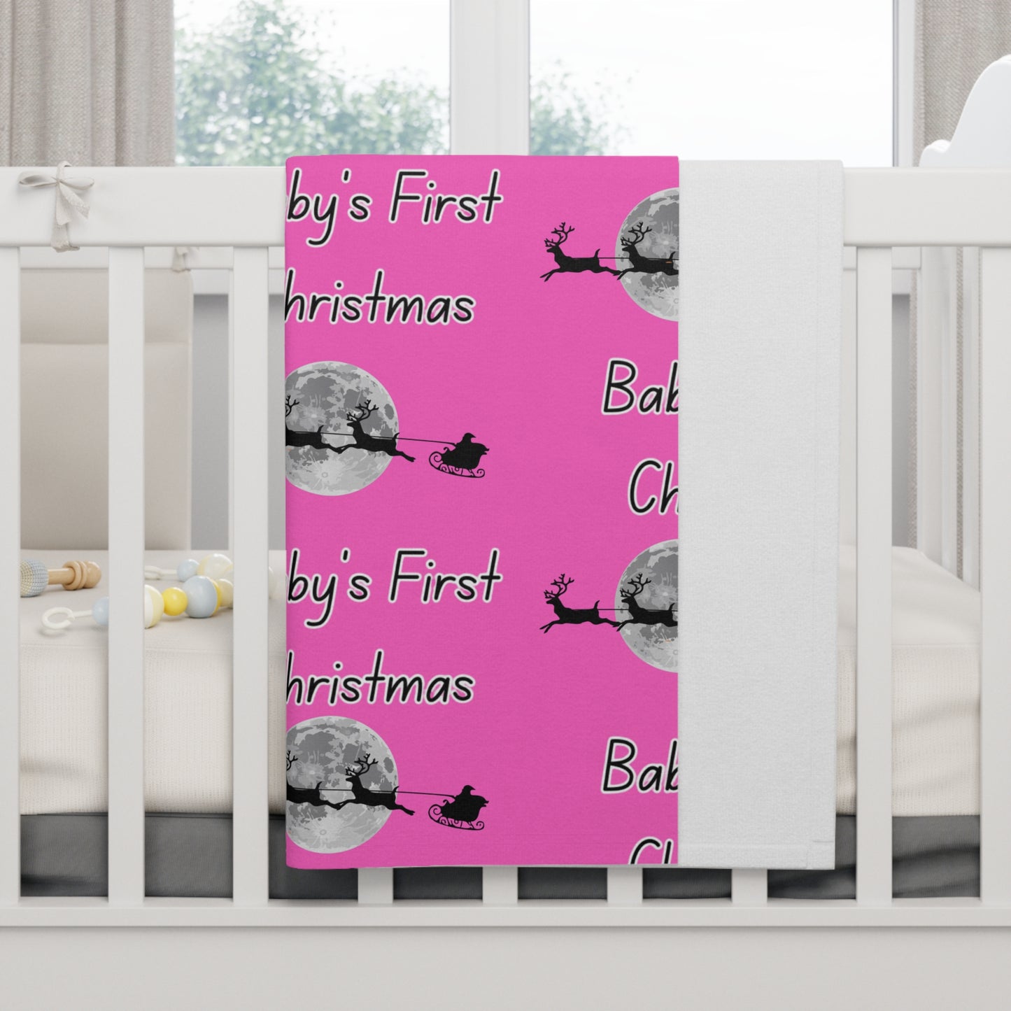 Soft Fleece Baby Blanket/ Baby's first Christmas/Santa flying across the moon Silhouette/ Pink