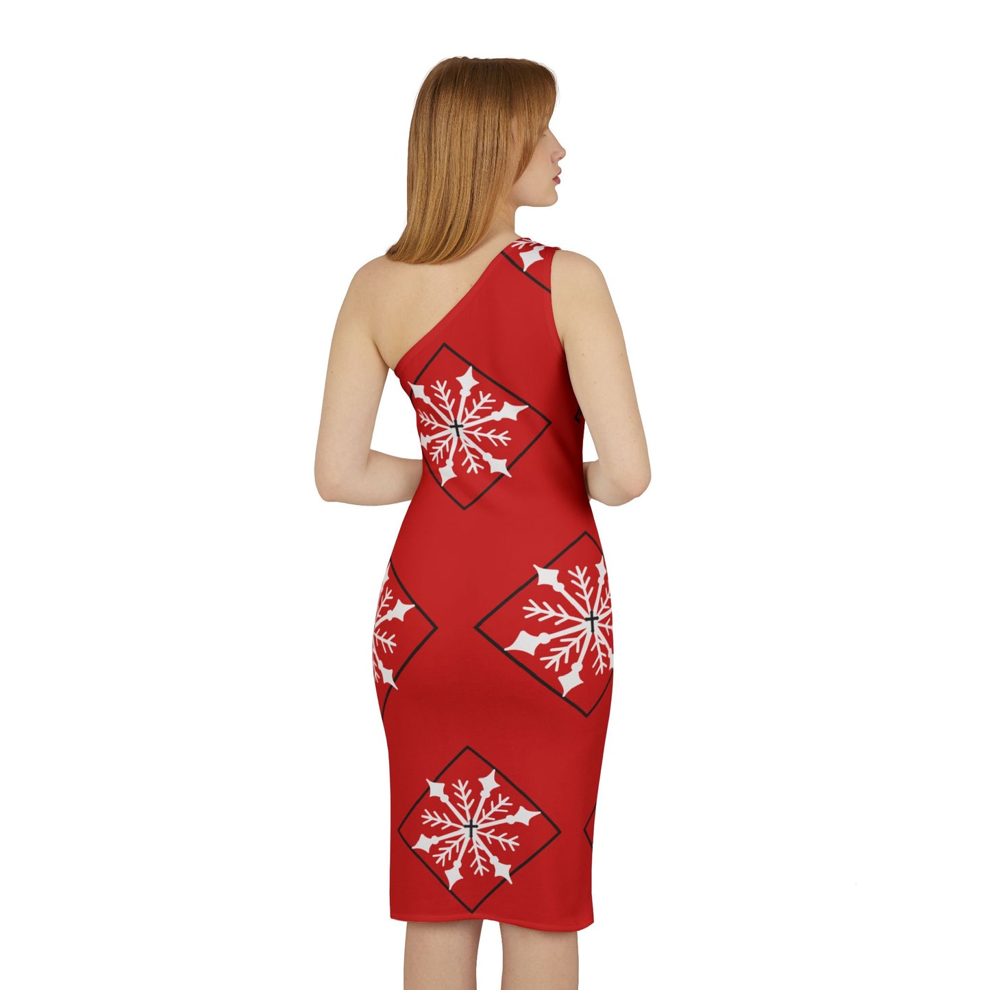 Women's holiday Shoulder Dress (AOP)/ White snowflake/Diamond/Red BG