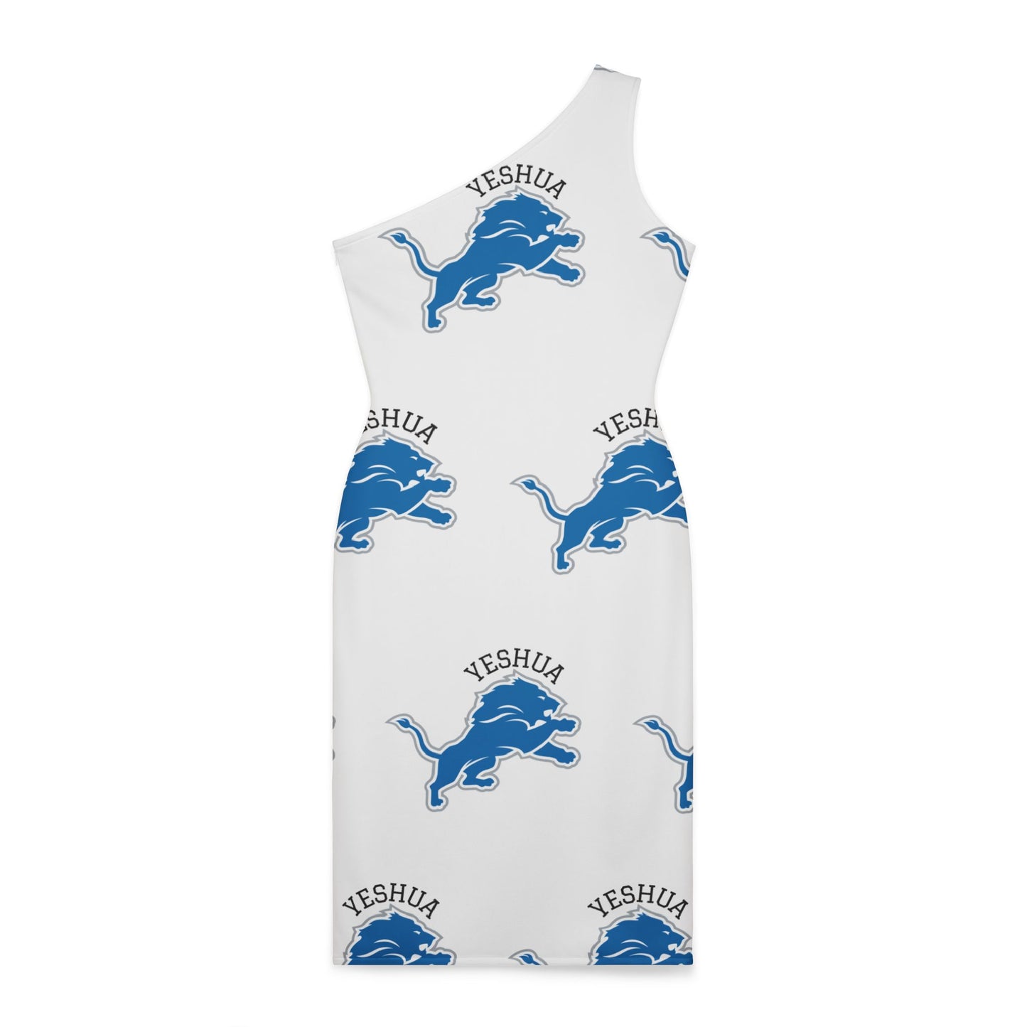 Woman's Shoulder Dress (AOP)Yeshua/Blue/White/Lion