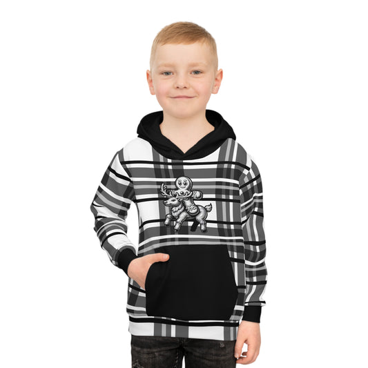 Boy's Hoodie (AOP) Black/White Plaid /Gingerbread man Riding a Reindeer/ Holiday