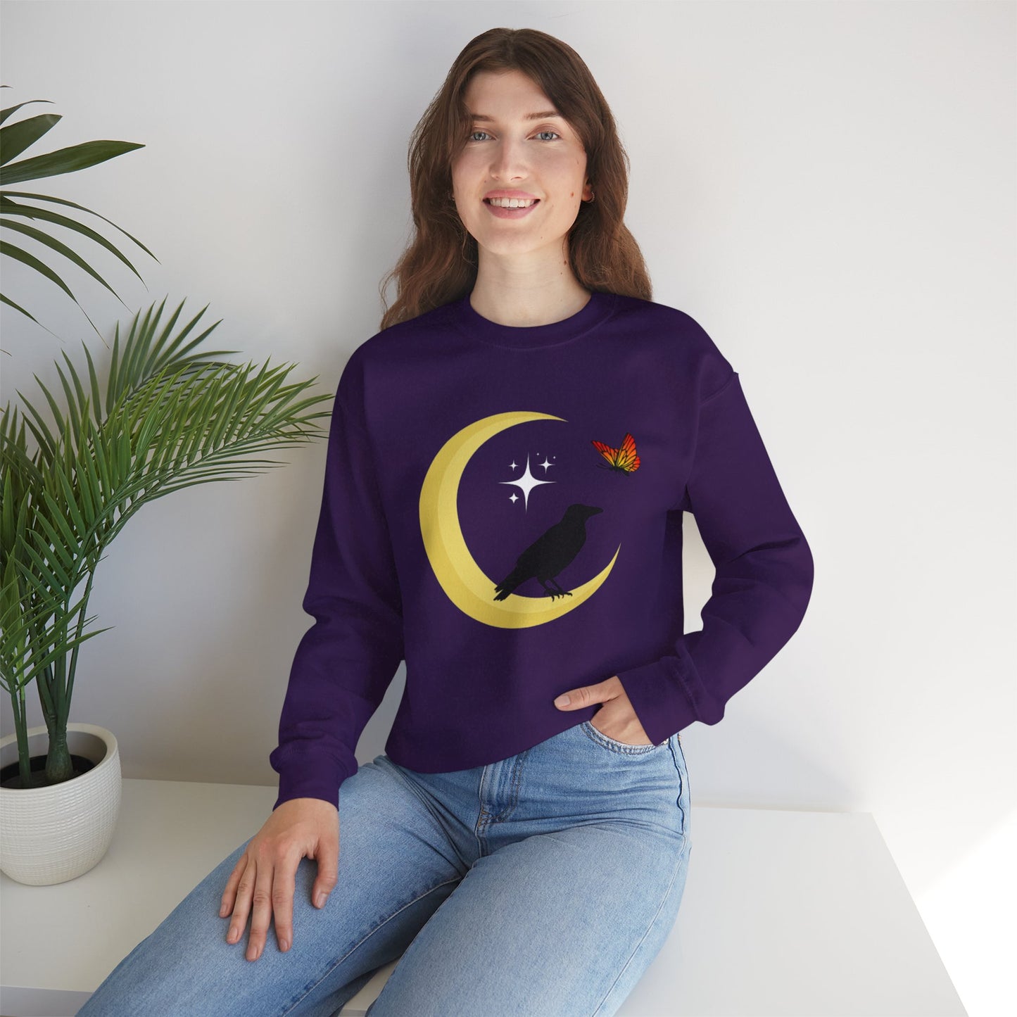 Woman's Heavy Blend™ Crewneck Sweatshirt/ Crow on the moon/White star/Fall