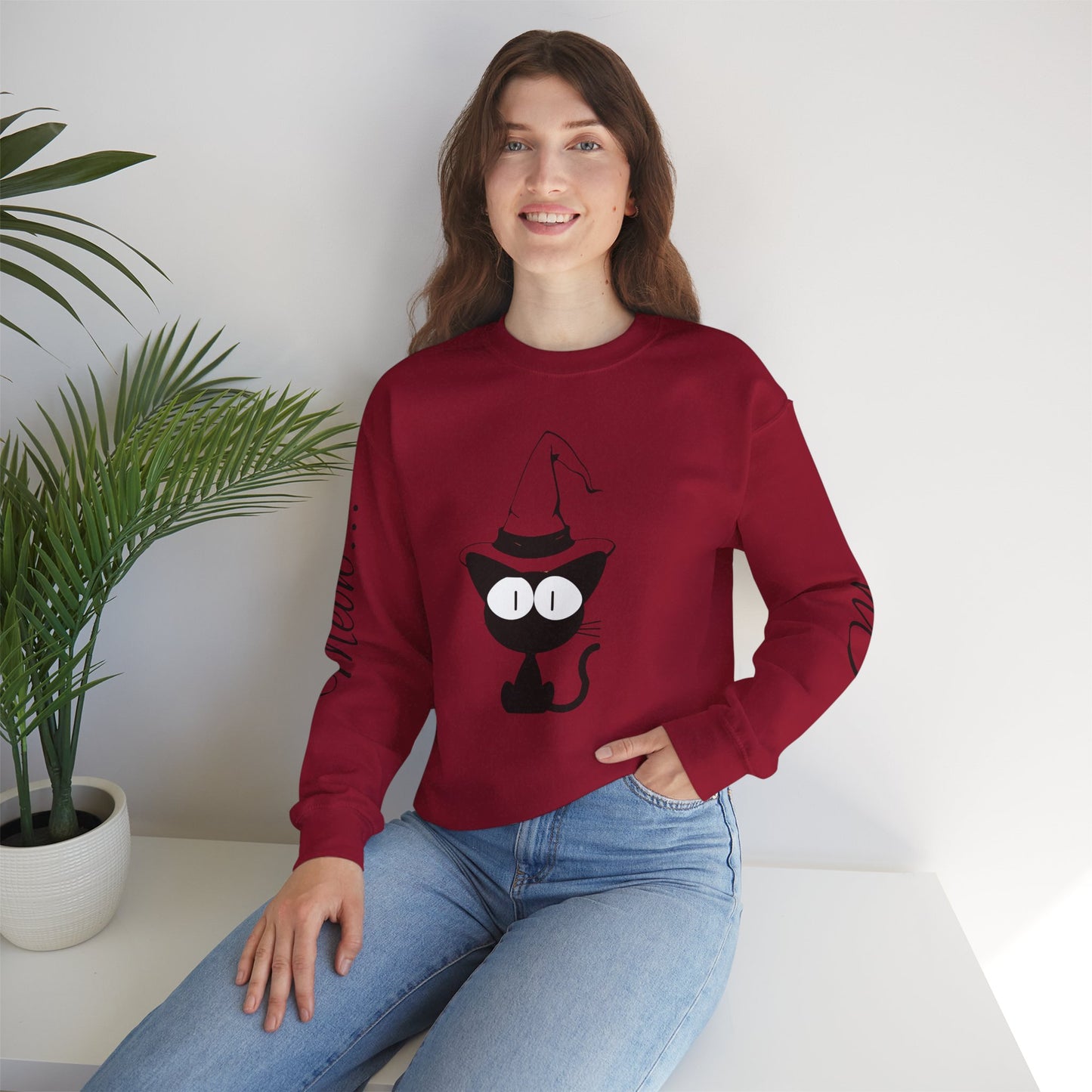 Womans Heavy Blend™ Crewneck Sweatshirt/Cat in a Hat/Holiday/Text down the Arm