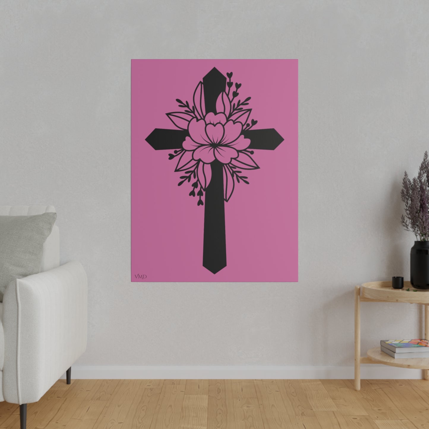 Digital Portrait Print, 0.75"/Floral Cross/Pink BG