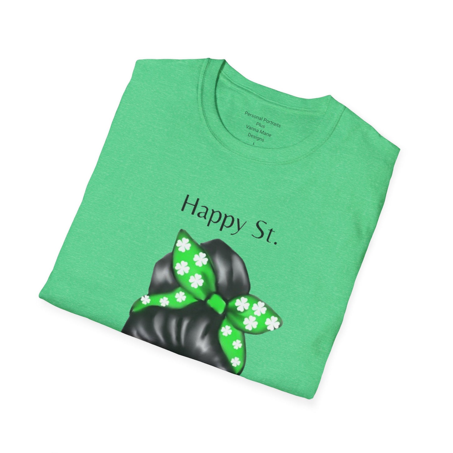 Unisex Softstyle T-Shirt/Happy St. Patrick's Day/ Woman/ Brunette/ Green Glasses/ White Clovers