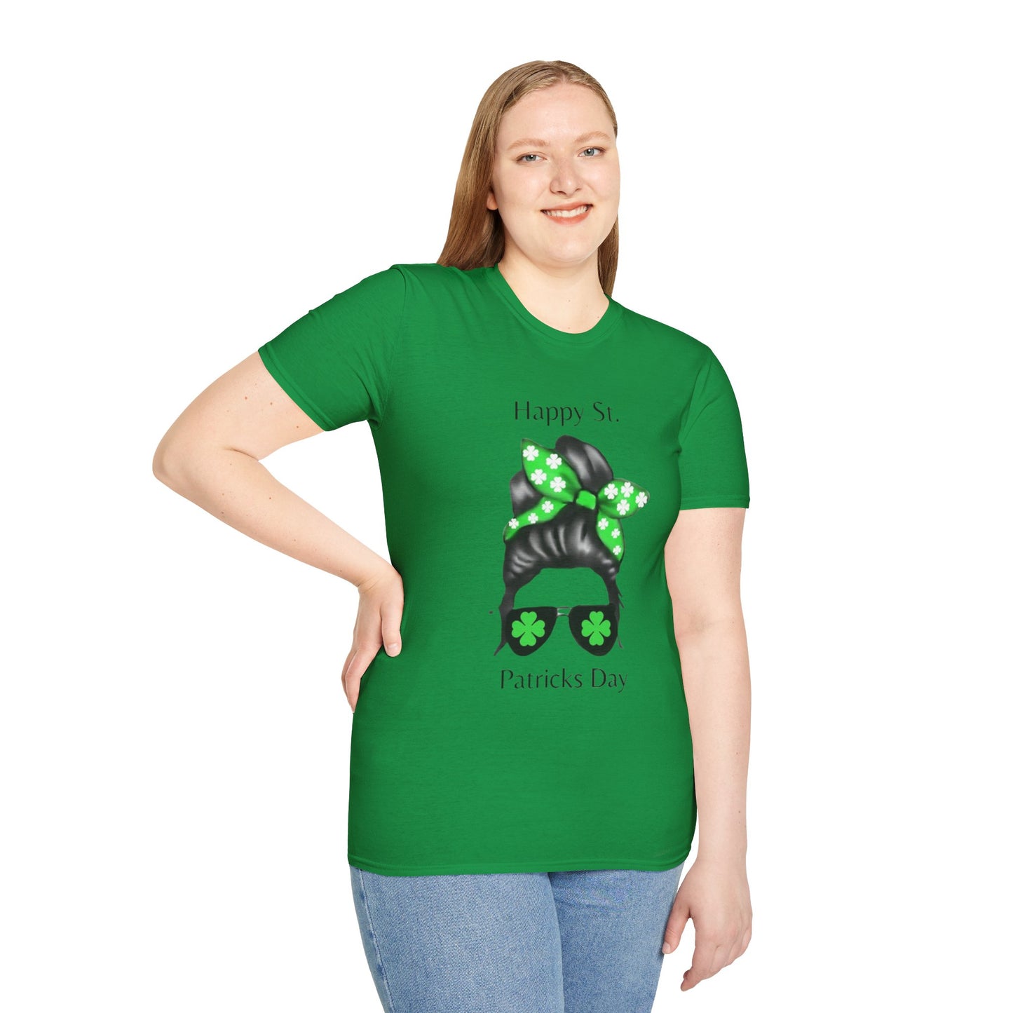 Unisex Softstyle T-Shirt/Happy St. Patricks' Day/ Woman/ Brunette/ Black Glasses/Green Clovers